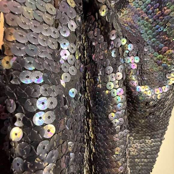 Vintage 70s Sequin Pants Black Iridescent Silk Lined High Waist Disco Glam - Picture 9 of 10
